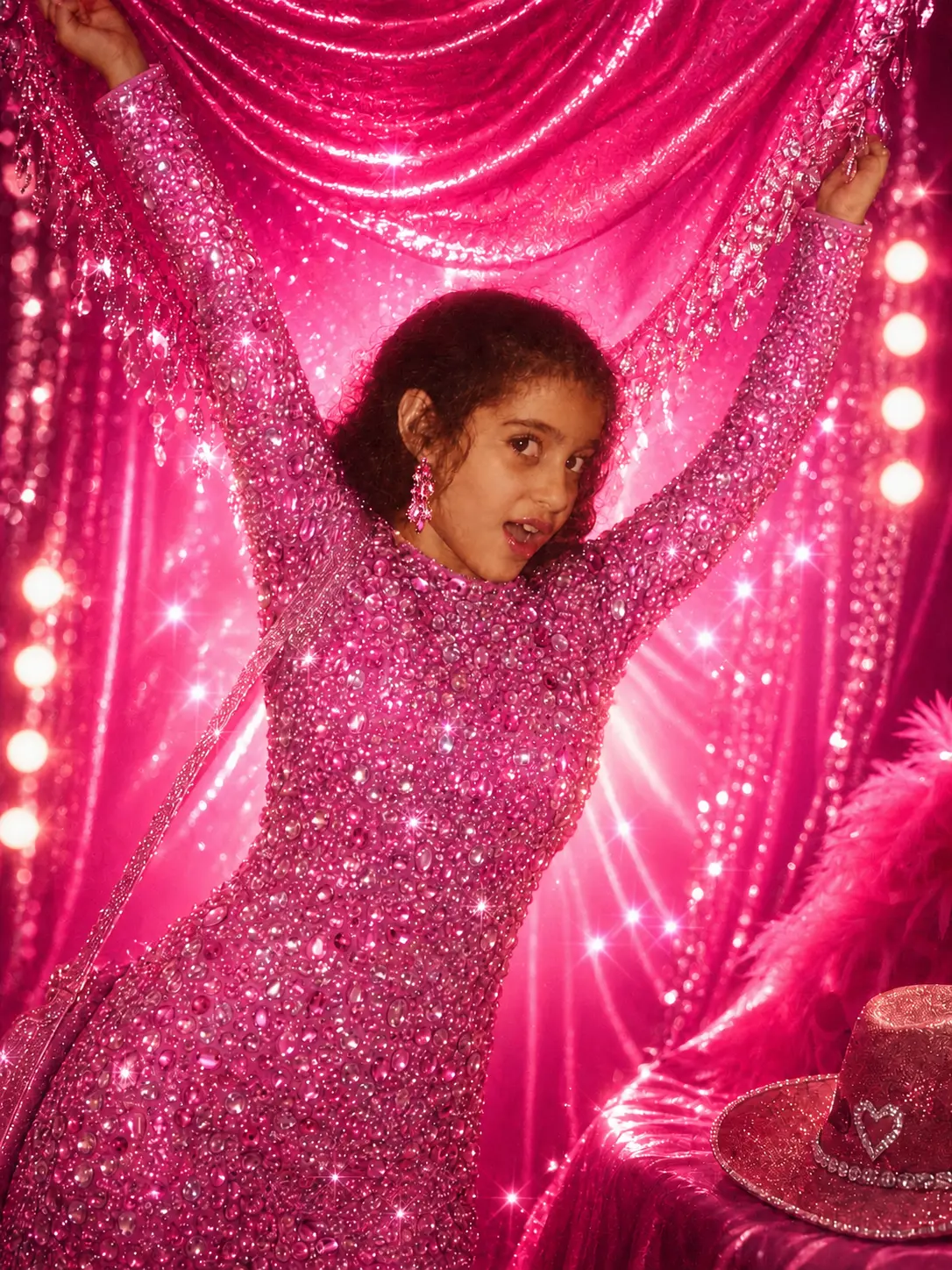 I LOVE Dolly Young girl in a rhinestone-covered pink gown and cowboy hat, holding sparkling pink curtains